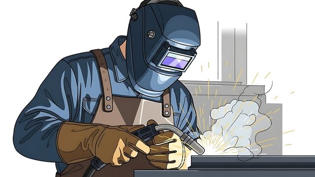 Professional welder in protective gear working with a welding torch illustration.