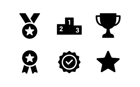 Achievement icons: medals, trophies, and awards in bold silhouette style