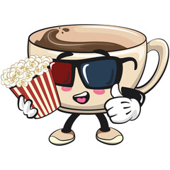 cute coffee cup mascot with a bucket of popcorn with wearing 3d glasses, cartoon coffee mug vector illustration, work of hand drawn