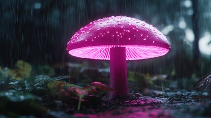 Glowing pink mushroom in a rain-swept forest