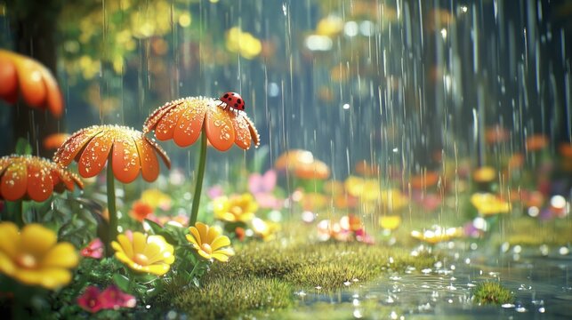 A vibrant, rain-drenched forest meadow with stylized flowers and a ladybug - Powered by Adobe