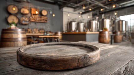 Fototapeta premium Craft Brewery Interior Featuring Wooden Barrel and Brewing Equipment With a Clean Space for Events