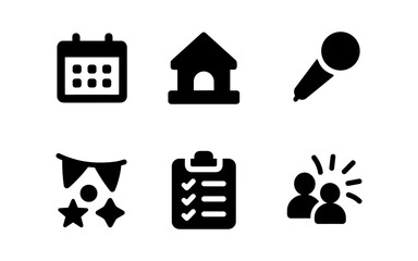 Minimalist event planning icons: calendar, venue, microphone, decorations, checklist, social interaction