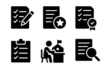 Set of educational and assessment icons in simple black silhouette style