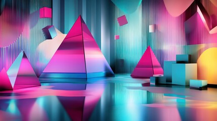 Abstract geometric shapes, vibrant colours, mirrored reflections