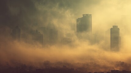 A city skyline fades into thick fog, evoking mystery, solitude, and atmospheric realism, and cinematic tension, urban decay, and a somber, atmospheric mood.