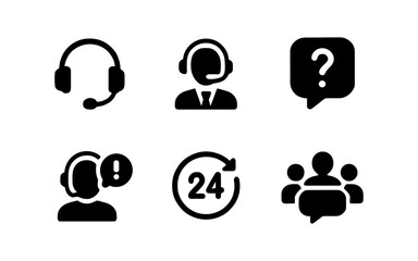 Customer service icon set: headset, support, 24 hour assistance, communication symbols