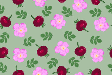 Rosehip seamless vector pattern with red berries, pink flower and green leaves. Floral background of plants rich in vitamin C. Botanical graphic print.