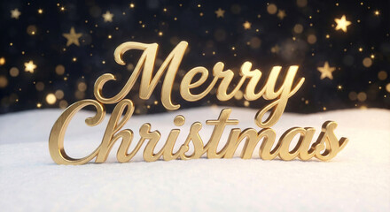 Elegant 3D Gold Script 'Merry Christmas' Text on Snow with Magical Starry Bokeh Background