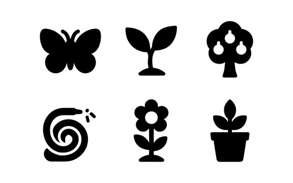 Nature silhouette icons: butterfly, plant, tree, flower, gardening elements