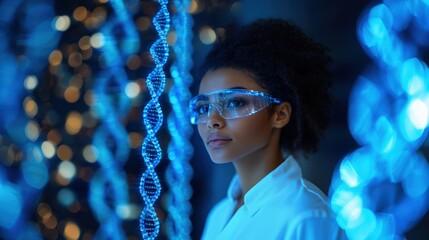 A woman wearing blue glasses intently looks at a detailed futuristic DNA helix backdrop, representing science, genetics, and innovation.