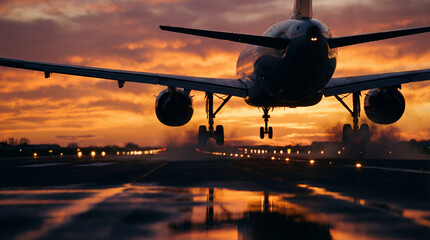 Silhouette airliner landing at sunset with glowing runway and dramatic sky.