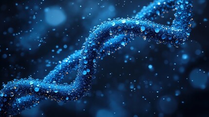 A vibrant blue DNA strand is depicted with glowing golden dots, creating a visually striking effect against a deep, dark backdrop. This image suggests scientific concepts, genetics, and illumination.