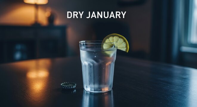 Cold clear beverage served with lemon slice, refreshing drink concept, no alcohol refreshment, detox month symbol, abstinence practice, clean lifestyle choice, ice water.