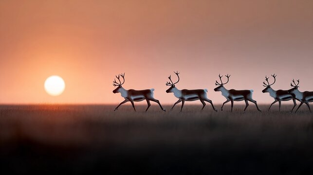 A herd of reindeer are running across a field with the sun in the background - Powered by Adobe