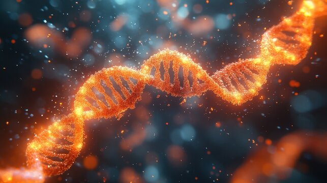 A vibrant DNA strand emits an intense orange-red light, contrasted against a dark blue background featuring small, bright spots. Represents science, genetics, and bioluminescence.