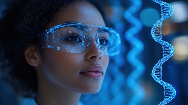 A woman wearing blue glasses intently examines a detailed DNA helix model. This image represents science, genetics, research, and innovation.
