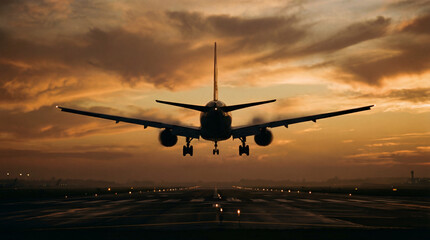 Silhouette airliner landing at sunset with glowing runway and dramatic sky.