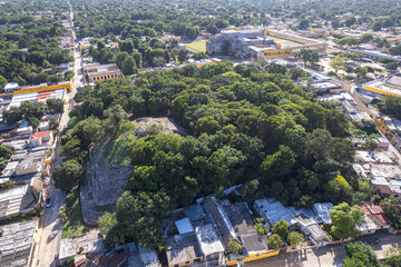 Aerial Drone View of Itzamatul Pyramid with San Antonio de Padua Convent in Izamal, Yucat&aacute;n