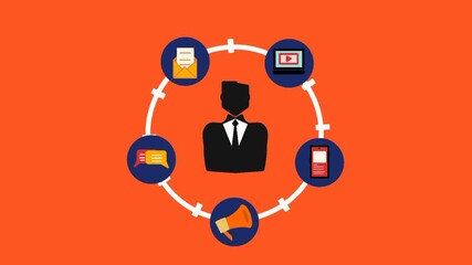 Animated businessman icon with dynamic digital social media marketing elements. Bright modern style for online content. - Powered by Adobe