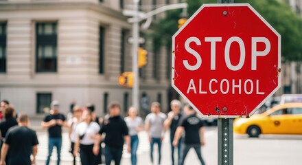 Red stop sign with text "Stop Alcohol" stands on an urban street, blurred crowd and yellow taxi in background, promoting sobriety and a dry lifestyle.