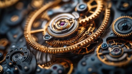 Close-up shot of highly detailed gears, illuminated with golden tones. Evokes a sense of mechanical precision and industrial heritage. Perfect for technology, engineering, or vintage themes.