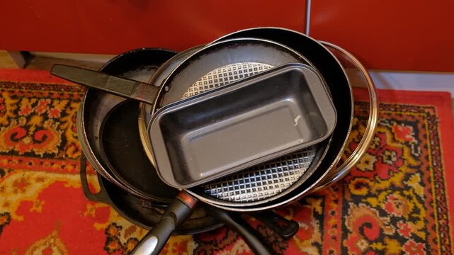 various metal kitchen utensils. cookware pans pans molds 2025 fud 