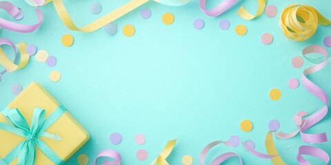 Pastel themed party gift set with ribbons and confetti for celebration design