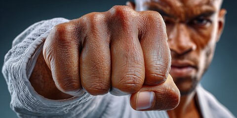 A boxer wrapped fist is poised for action, embodying determination, strength, and athletic intensity. The image conveys focus, power, and dramatic realism.