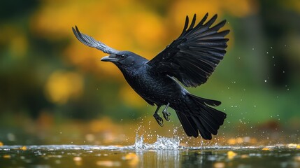 A powerful black crow soaring through the air with wings fully extended, generating a dynamic splash of water below.  Evokes themes of freedom, power, and nature.
