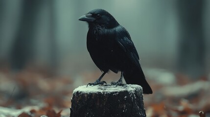 Fototapeta premium A black raven sits on a snow-covered stump, gazing off to the side in a serene forest setting. This image conveys a mood of quiet reflection and the beauty of untouched nature.