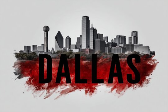 The Dallas skyline stands boldly against a red and black abstract background, showcasing urban pride and artistic flair. The image conveys energy, identity, and striking contrast.
