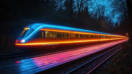 Naklejka premium A long-distance train illuminated by blue lights journeys through a dark tunnel at night, creating a dramatic and atmospheric scene.