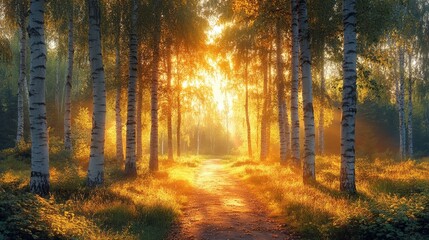 Obraz premium A tranquil forest path bathed in warm sunlight, showcasing the textures of birch trees and golden grasses with dramatic shadows. Evokes a sense of peace and nature.