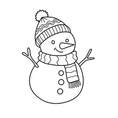 Black and white line art coloring page of a cute snowman