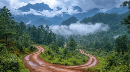 A scenic, winding dirt road traverses a vibrant forest, framed by misty mountains creating a tranquil and atmospheric landscape. Perfect for travel, nature, and adventure themes.