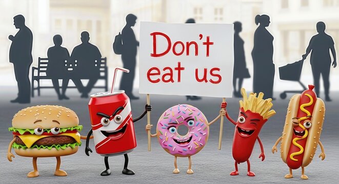 Junk temptation: unhealthy food character with trans fat, sweet, and fast meal cry don't eat us, urging balanced nutrition, fresh produce, wellness awareness, vitality, prevention, disease elimination