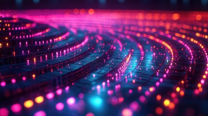 A vibrant abstract digital pattern blending pink and blue hues, evoking a futuristic cityscape at night. Dynamic and visually striking.