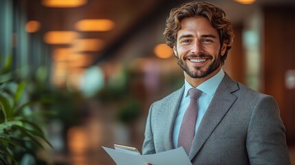 A professional man wearing a business suit and exhibiting a genuine, happy smile. Suitable for corporate, business, and success themes.
