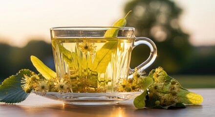 A clear glass teacup filled with herbal infusion and blossoms, rests on a saucer. Leaves and flowers garnish the tea, illuminated by warm sunlight against a blurred green backdrop