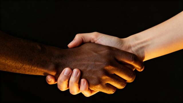 Male and female hands with different skin tones holding each other, representing love, partnership, communication, and emotional support in a multiethnic relationship with copy space - Powered by Adobe