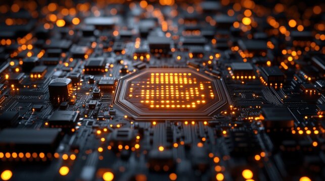 Detailed close-up of a circuit board illuminated with vibrant orange lights. Represents innovation, digital connectivity, and advanced technology.