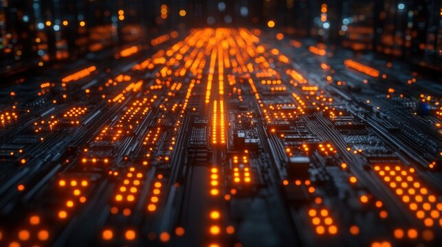 A detailed close-up photograph showcasing a circuit board illuminated with vibrant orange lights. The image highlights the intricate design and technical aspects of electronics.