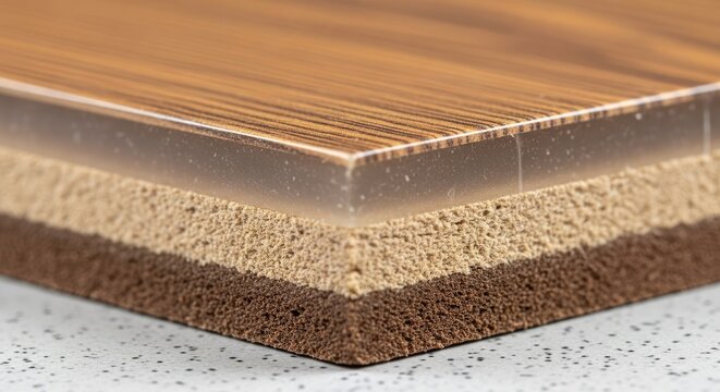A close-up cross-section reveals layered materials of a flooring sample. Detailed view showcases wood grain, transparent top layer, and textured base. Depth and texture are apparent in the design