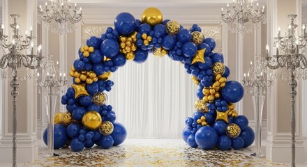A grand arch of blue and gold balloons frames a draped backdrop. Ornate chandeliers flank the scene, with confetti on the floor
