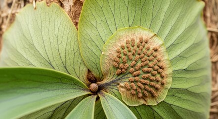A close-up showcases a staghorn fern with intricate frond details. The image highlights the texture and spore-bearing structures