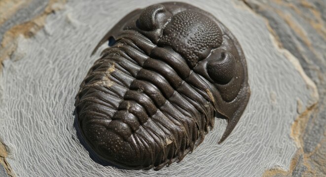 Close-up of an ancient, well-preserved fossilized trilobite resting on a textured gray rock slab. Detailed features of the segmented body are visible. 