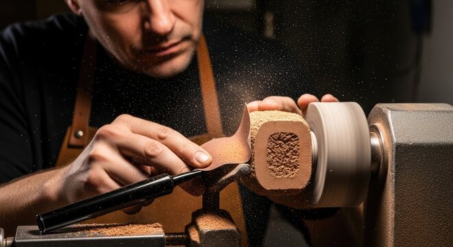 A craftsperson works on a wooden object with a lathe, shaping it with precision and skill. Sawdust fills the air as the tool meticulously carves and smooths the material