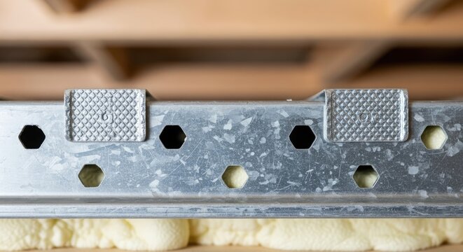 Close-up of metal framing with hexagonal holes, supporting a wooden structure. Foam insulation fills the spaces below, creating a texture. Background offers more wooden beams