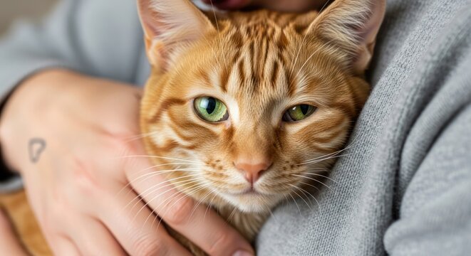 A close-up of an orange tabby cat nestled in someone's arms, with heterochromia